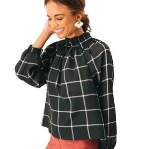 Marie Oliver Windowpane Check Long Sleeve Blouse Medium Black White Cotton